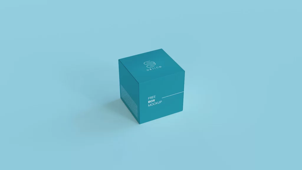Minimalist blue square packaging box mockup in 8K resolution, featuring a clean front and top perspective.
